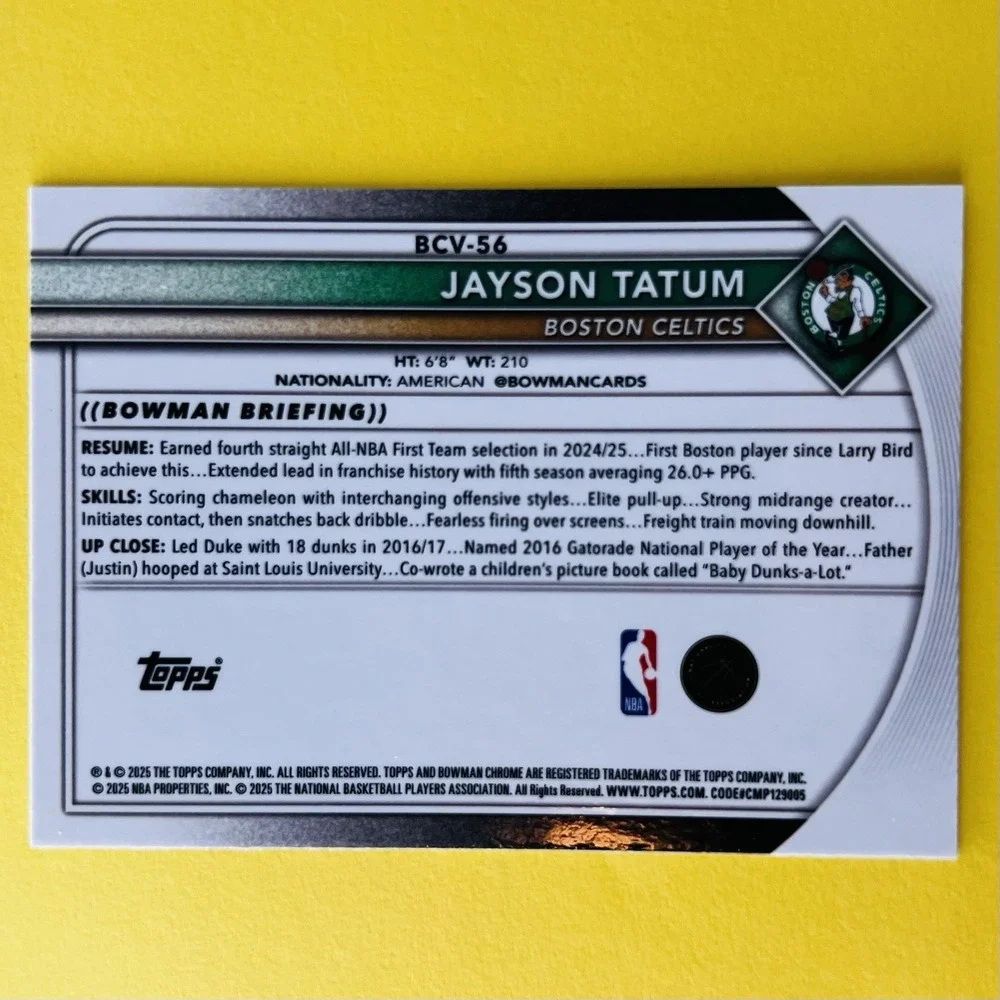 2025/26 Bowman Chrome Basketball Jayson Tatum‎ Veteran Card BCV-56 Celtics
